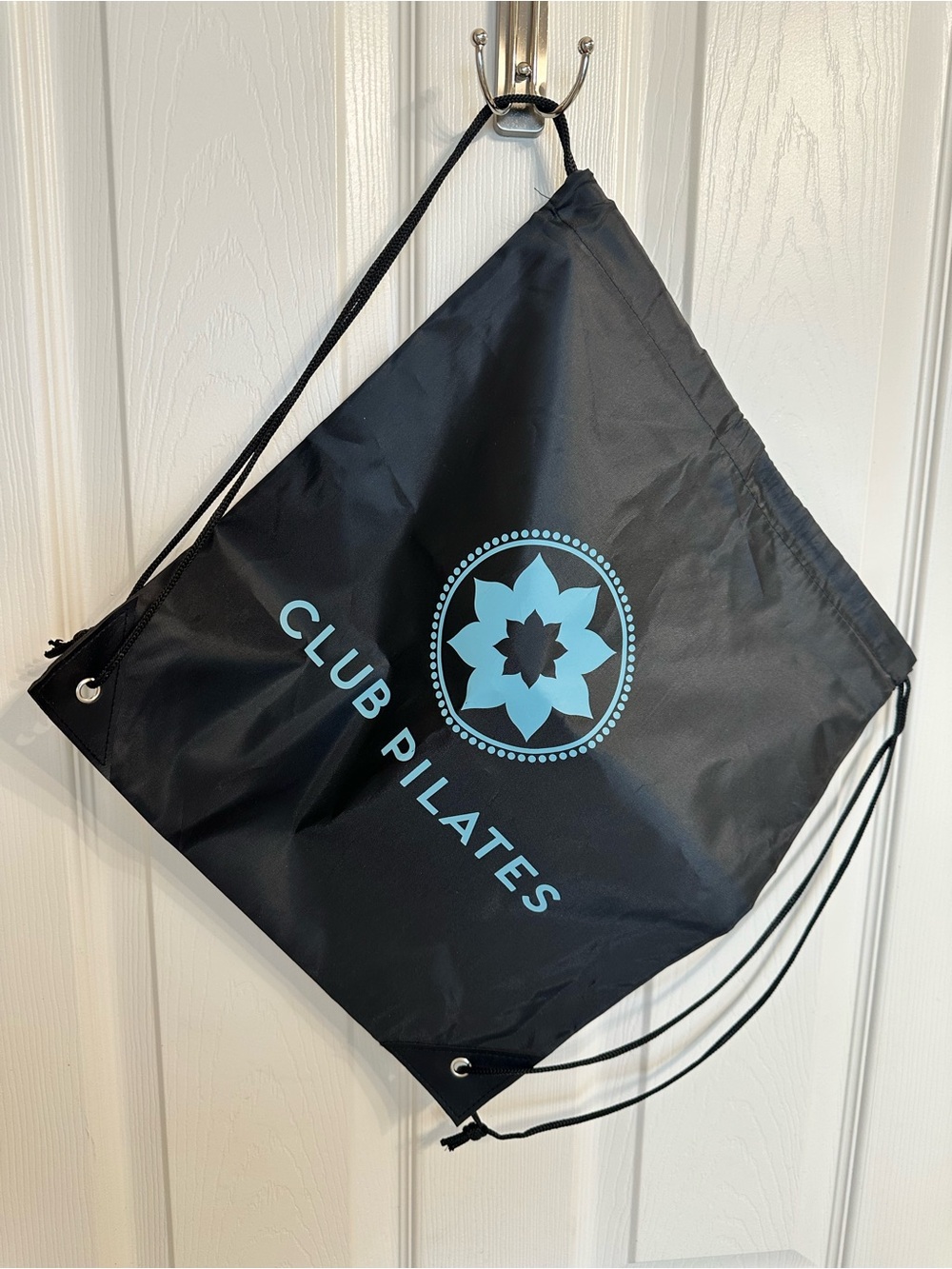 Club Pilates Black Drawstring Logo Bag - Black with Light Blue Print